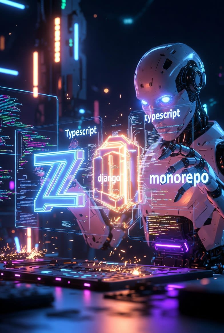 AI가 TypeScript·Django·모노레포를 다루는 사이버펑크 이미지