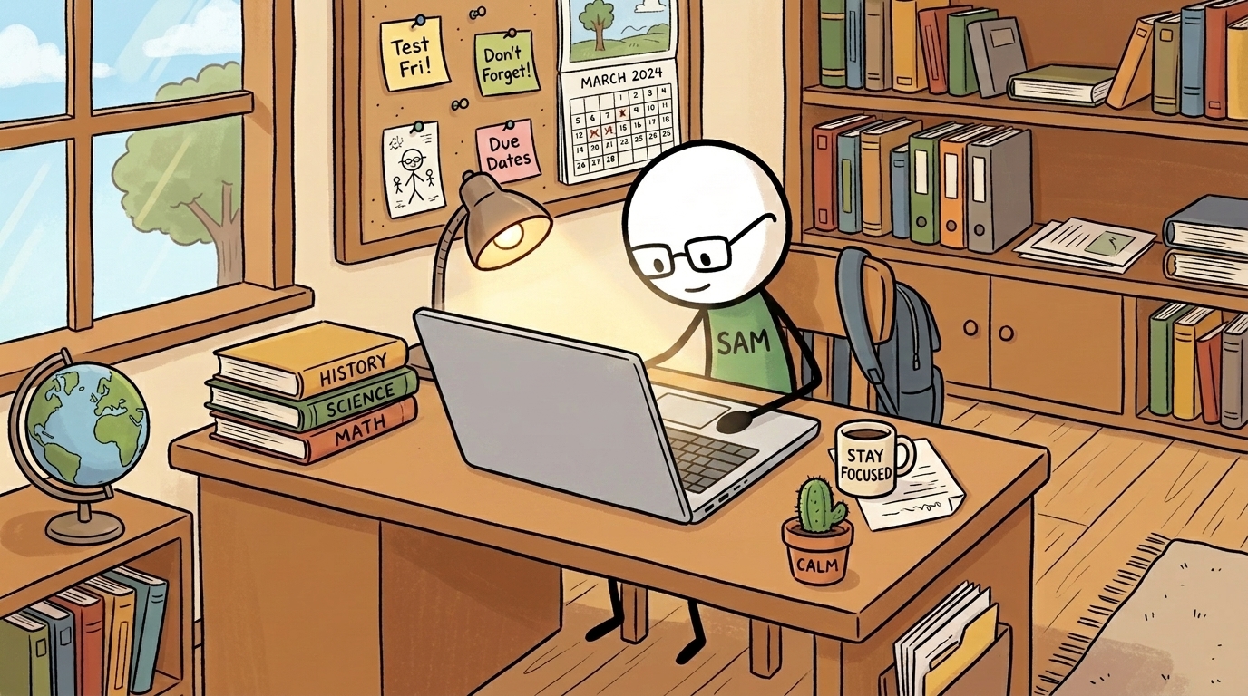 Sam studying English lessons
