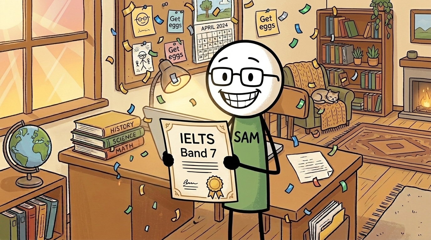 Sam holding IELTS Band 7 certificate