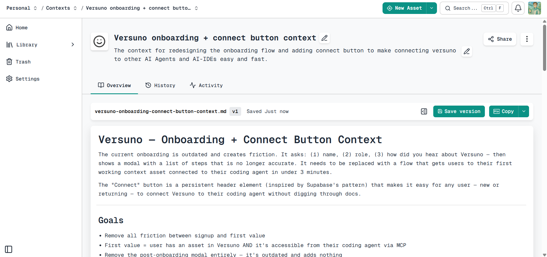 Versuno platform dashboard with asset editor