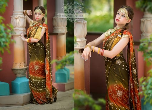 Аренда платья Индийское сари от Art Slik Fabic (оранжево-оливковое) в Москве — Прокат от Кет