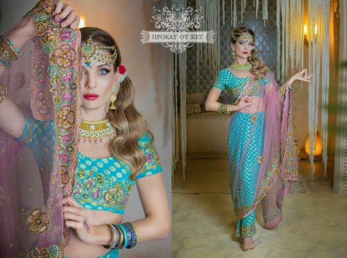 Аренда платья Индийское сари с вышивкой (розово-голубое) в Москве — Прокат от Кет