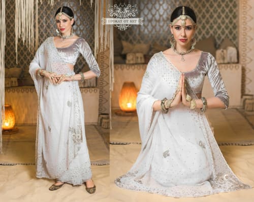 Аренда платья Белоснежное шифоновое сари с серебристым рисунком в Москве — Прокат от Кет