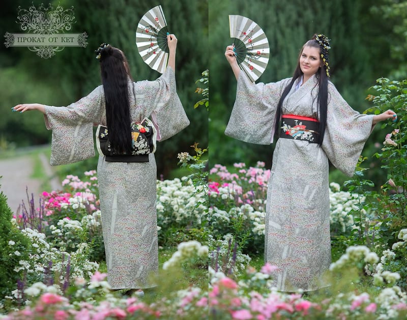 Винтажное серо-бежевое кимоно из шёлка - фото 1