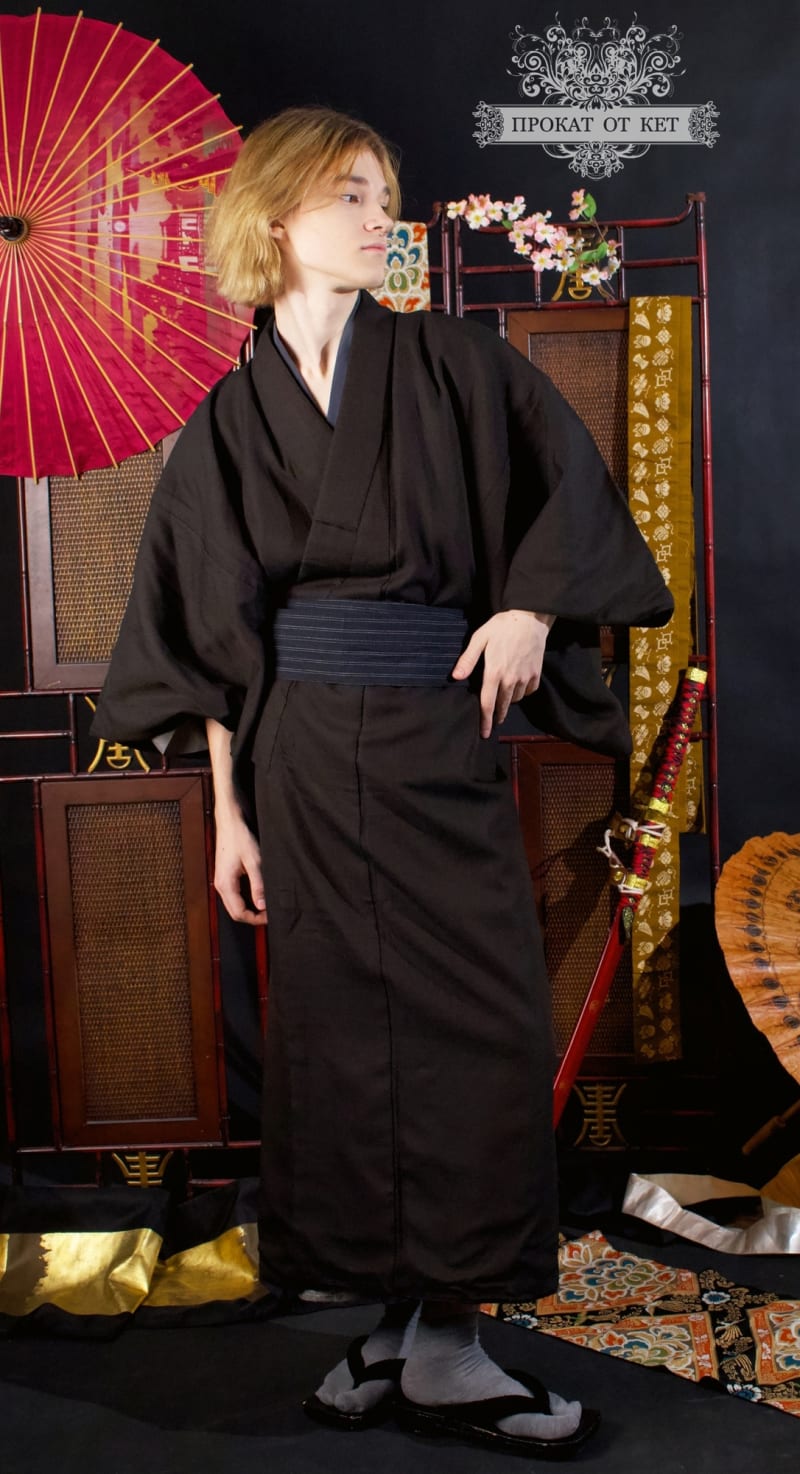Мужское кимоно из японского шёлка, чёрное - фото 1
