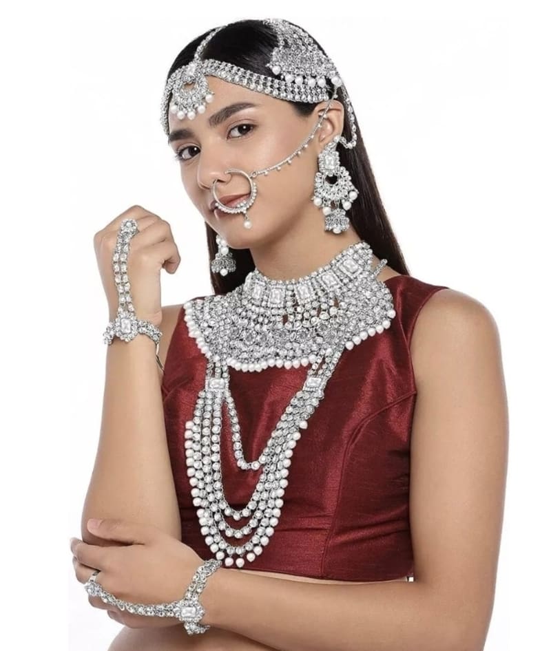 Большой сэт индийских украшений золотой металл+серебристые камни - фото 9