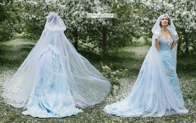 Плащ "Белая дымка", с капюшоном и шлейфом - фото 1