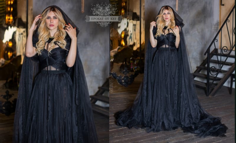 Плащ "Чёрная дымка", с капюшоном и шлейфом - фото 1