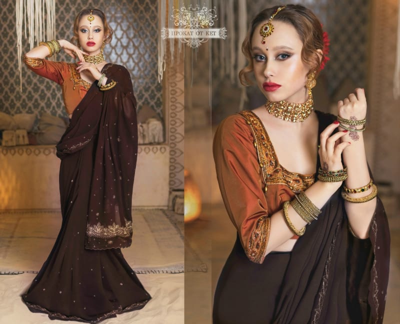 Индийское сари "Sanskriti Vintage" (шоколадное) - фото 1