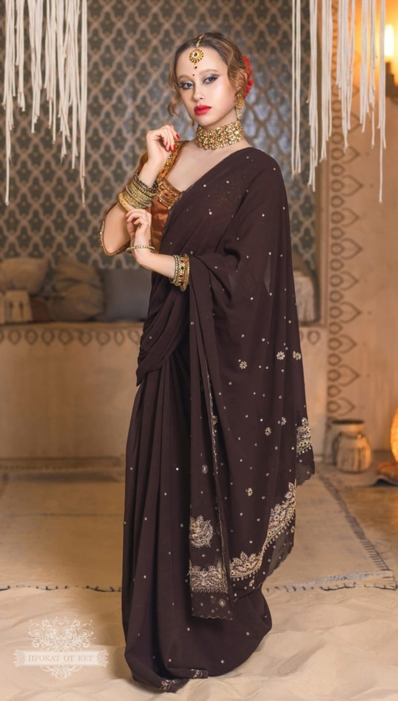 Индийское сари "Sanskriti Vintage" (шоколадное) - фото 4