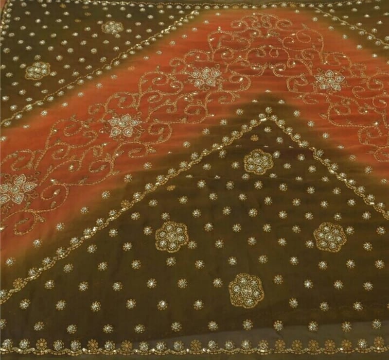 Индийское сари от Art Slik Fabic (оранжево-оливковое) - фото 4