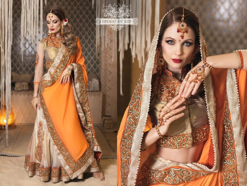 Сари сдельное (бежево-оранжевое) - фото 1