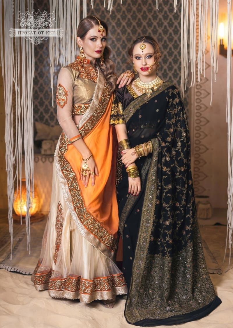 Сари сдельное (бежево-оранжевое) - фото 3