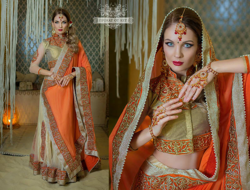 Сари сдельное (бежево-оранжевое) - фото 4