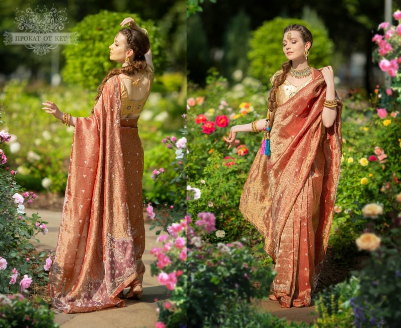 Винтажное сари от Sanskriti (красно-коричневое) - фото 1