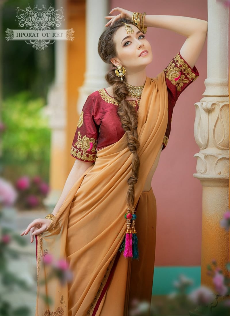 Сари из шёлка, с вышивкой "Топлёное молоко" - фото 4