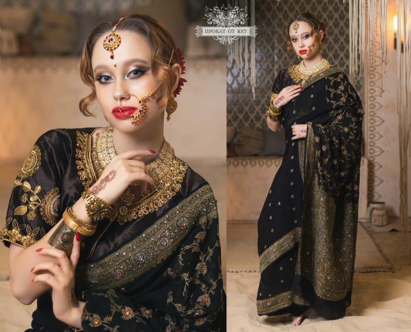 Аутентичное сари от Sanskriti Vintage (чёрное) - фото 1