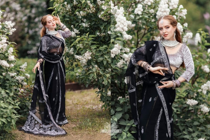 Красивое цветное шифоновое сари с ручной вышивкой черного цвета - фото 1