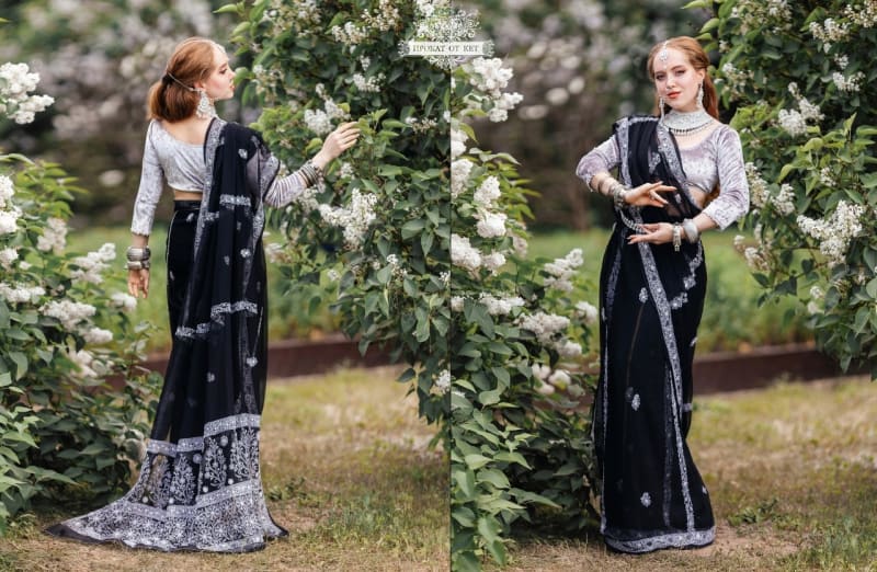 Красивое цветное шифоновое сари с ручной вышивкой черного цвета - фото 3