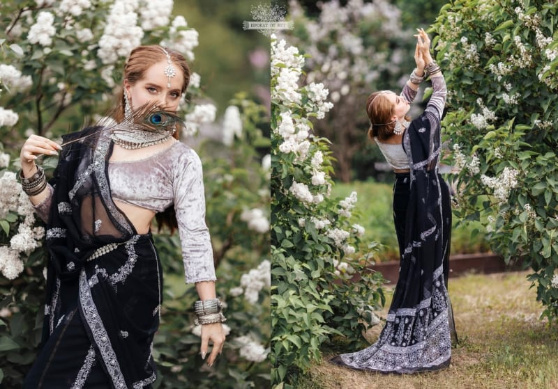 Красивое цветное шифоновое сари с ручной вышивкой черного цвета - фото 4