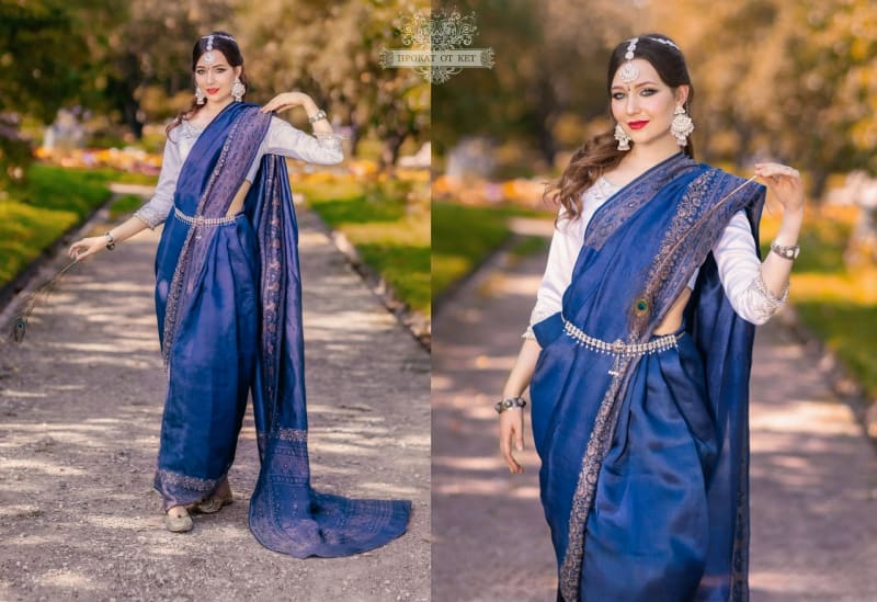 Винтажное сари из чистого шелка (светло-синее) - фото 1