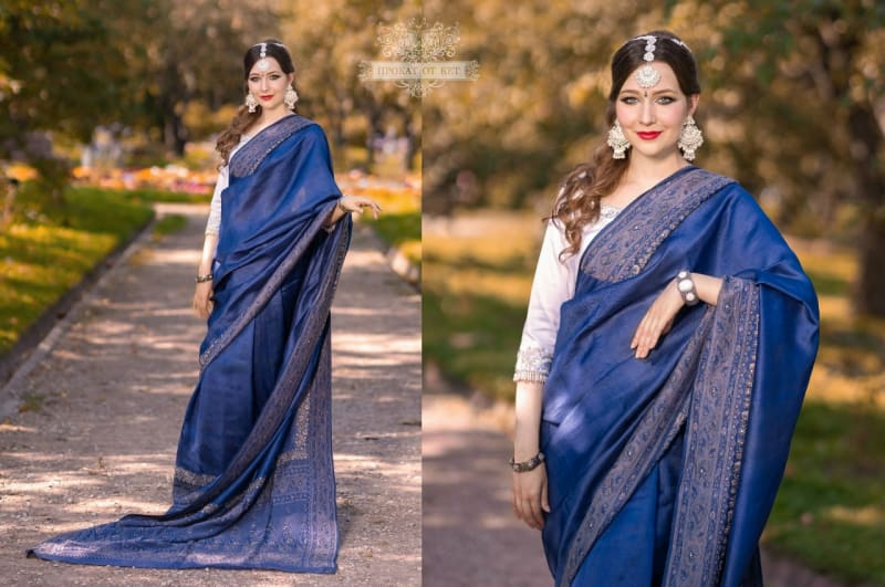 Винтажное сари из чистого шелка (светло-синее) - фото 3