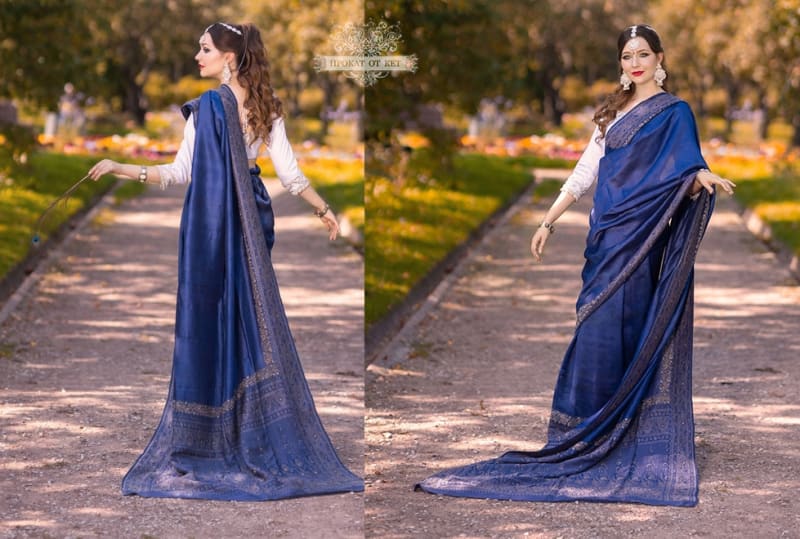 Винтажное сари из чистого шелка (светло-синее) - фото 5