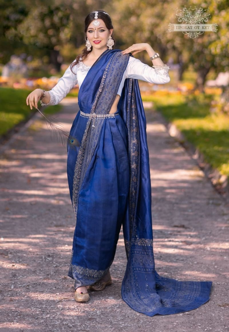 Винтажное сари из чистого шелка (светло-синее) - фото 6