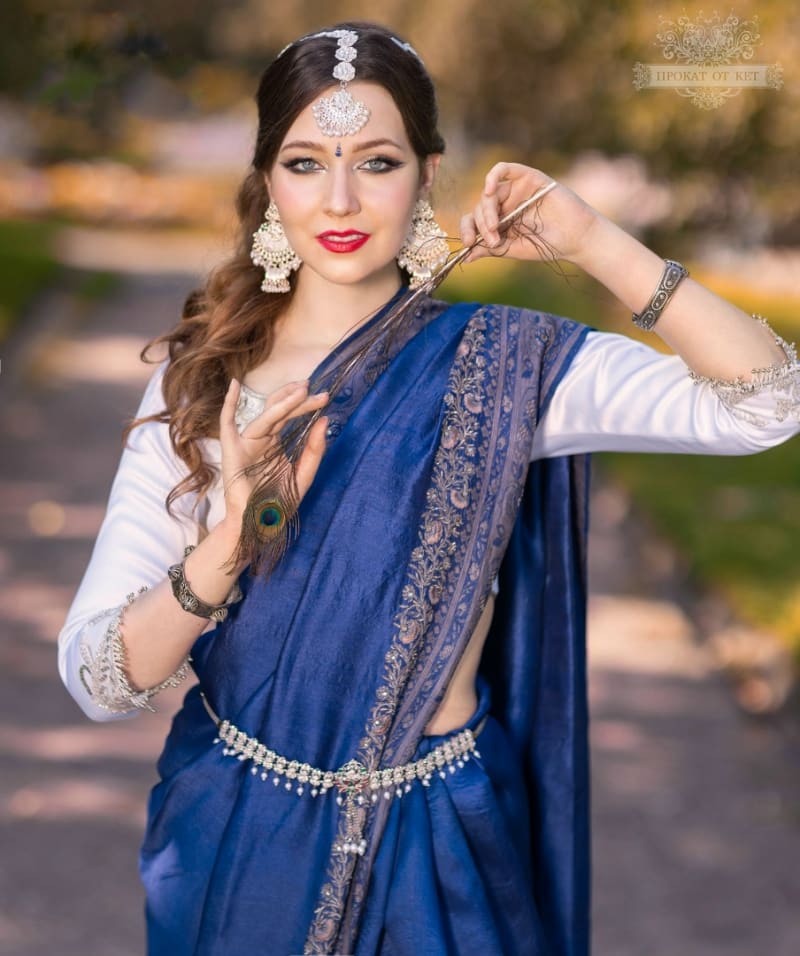 Винтажное сари из чистого шелка (светло-синее) - фото 7