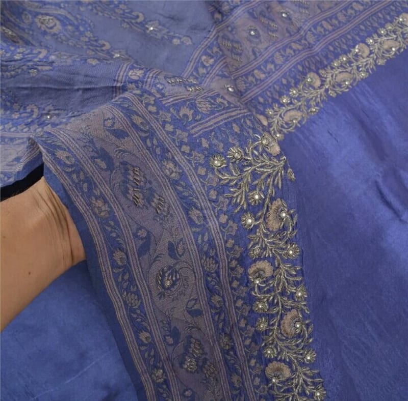 Винтажное сари из чистого шелка (светло-синее) - фото 8