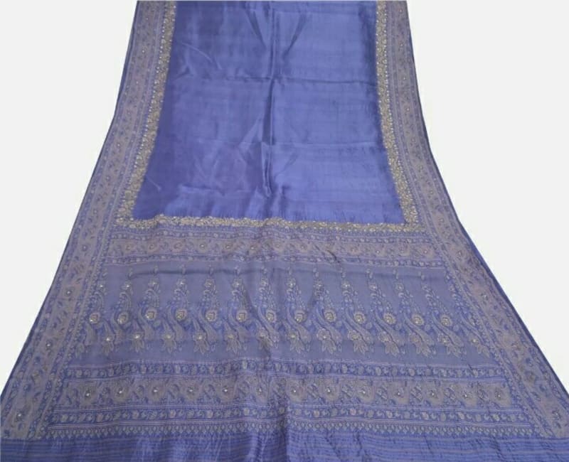 Винтажное сари из чистого шелка (светло-синее) - фото 9