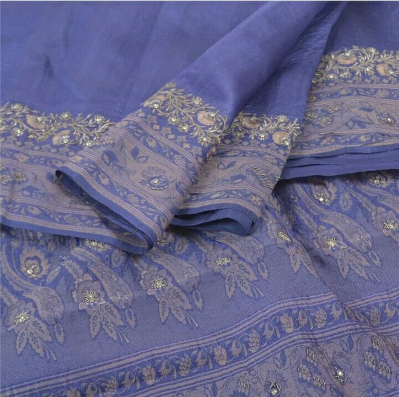 Винтажное сари из чистого шелка (светло-синее) - фото 10