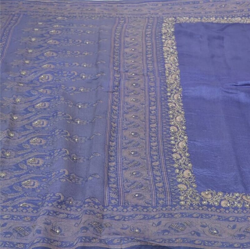 Винтажное сари из чистого шелка (светло-синее) - фото 11