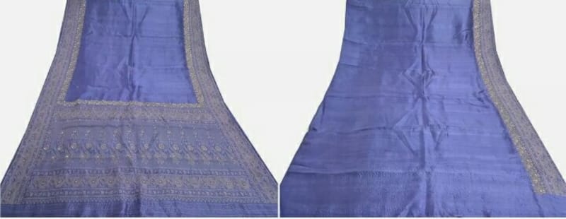 Винтажное сари из чистого шелка (светло-синее) - фото 12