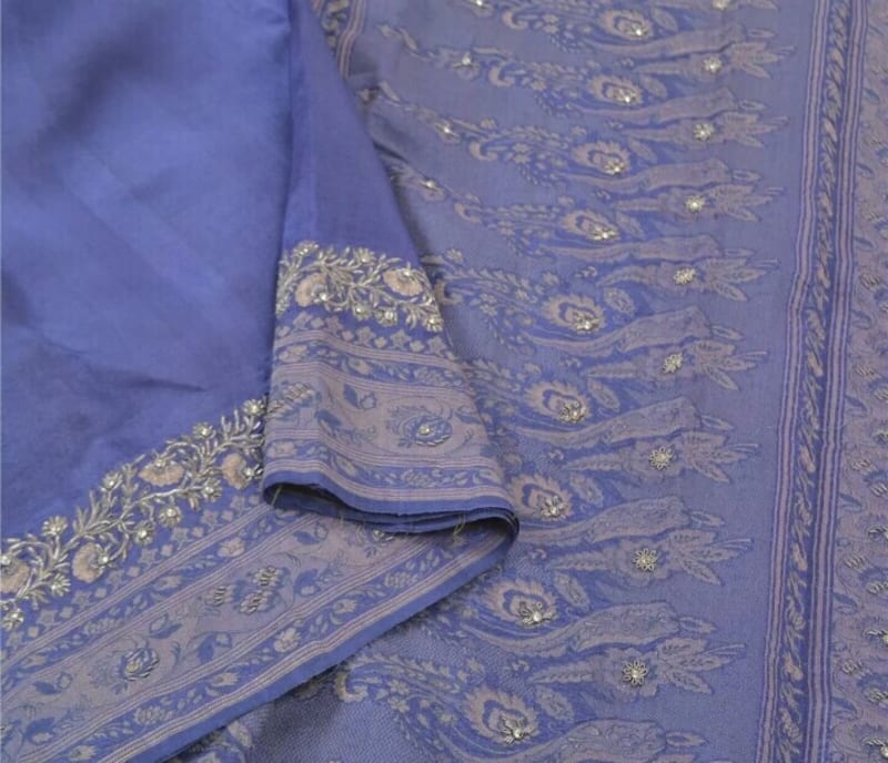 Винтажное сари из чистого шелка (светло-синее) - фото 13