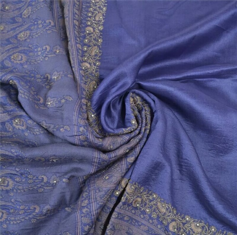 Винтажное сари из чистого шелка (светло-синее) - фото 14