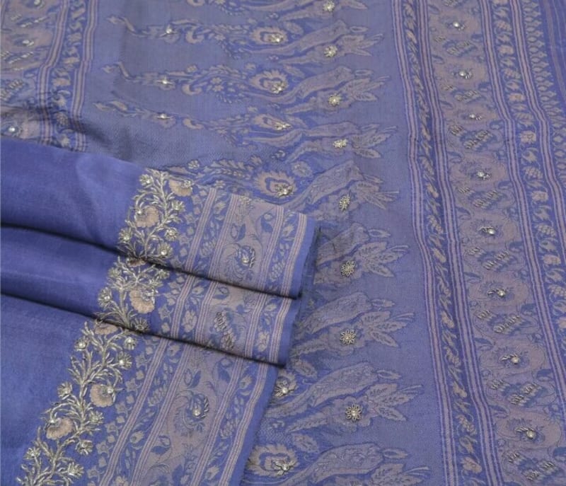 Винтажное сари из чистого шелка (светло-синее) - фото 15