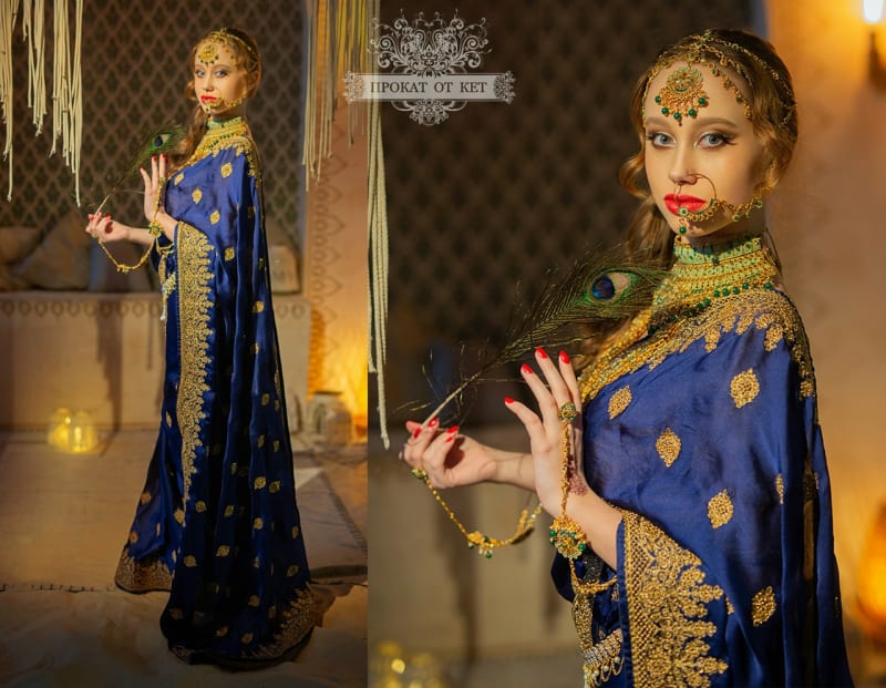 Шикарное синее сари с вышивкой и камнями - фото 1