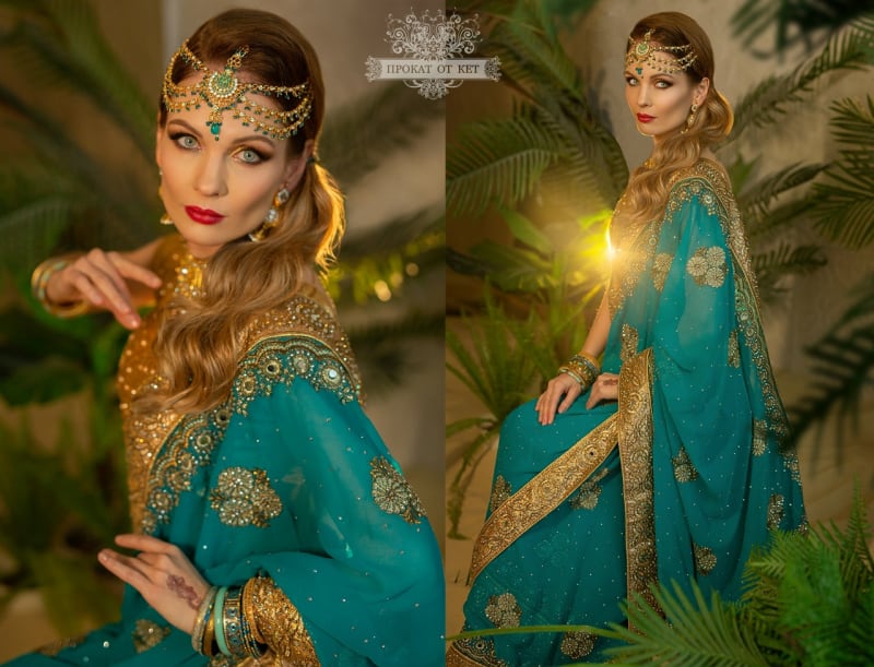 Индийское сари с шикарной вышивкой (бирюзовое) - фото 1