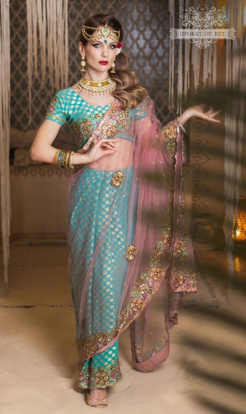 Индийское сари с вышивкой (розово-голубое) - фото 3