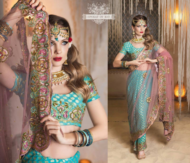 Индийское сари с вышивкой (розово-голубое) - фото 4