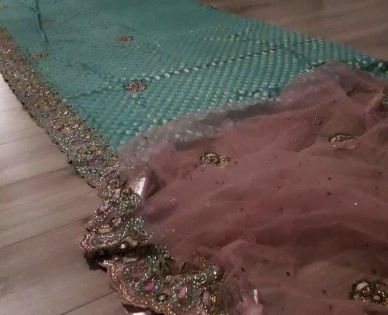 Индийское сари с вышивкой (розово-голубое) - фото 5