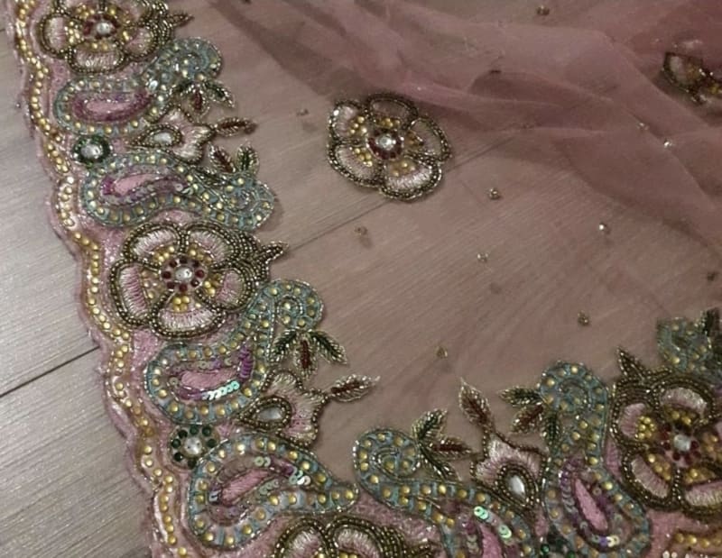 Индийское сари с вышивкой (розово-голубое) - фото 6