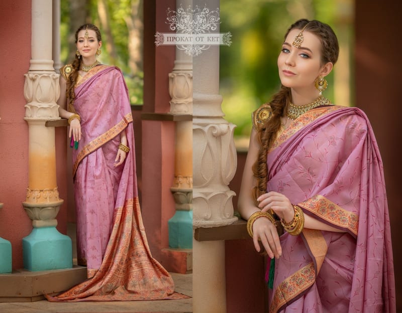 Винтажное сари из шёлка (розово-персиковое) - фото 3