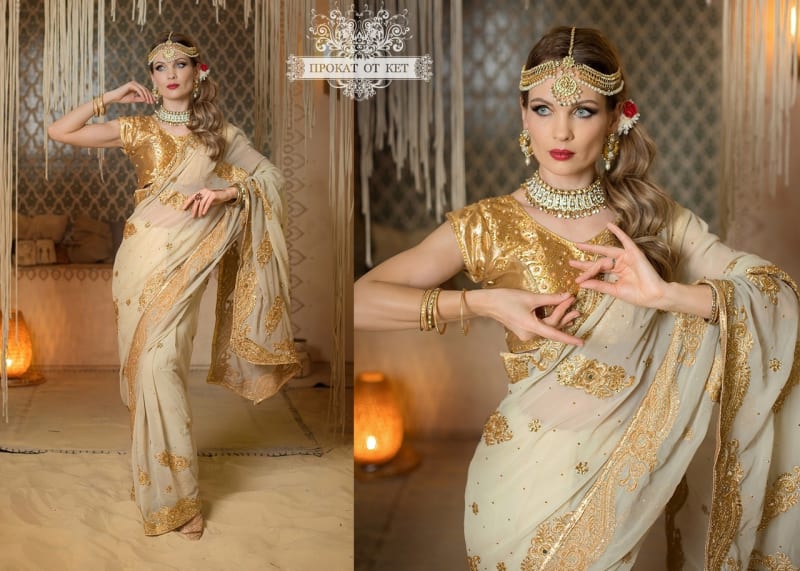 Молочное сари с золотой вышивкой и камнями - фото 6