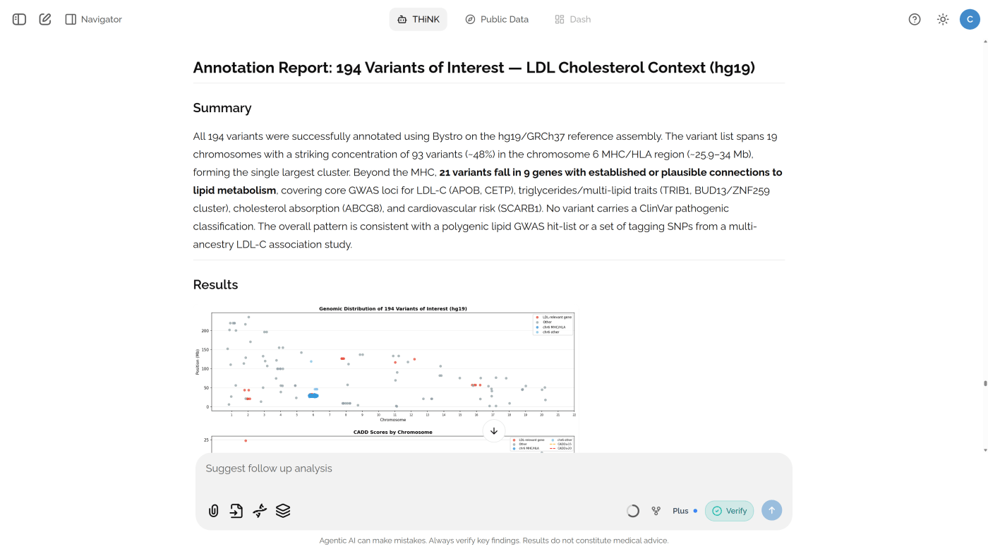 Bystro variant lookup showing ClinVar and gnomAD synthesis for a clinical query