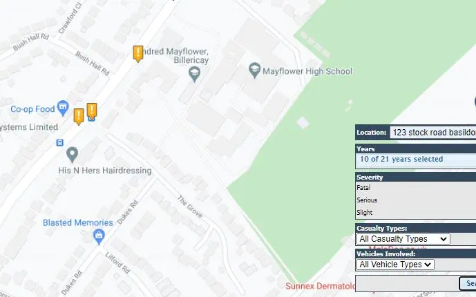 Map of crashes at Stock Rd