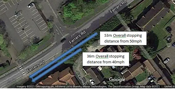 Map of Ferrers Rd with stopping distances for wesdtbound traffic overlayed