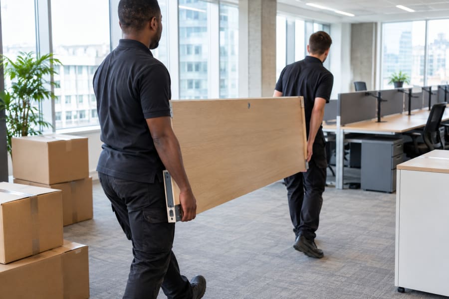 Two technicians carrying dismantled office furniture in a London office | Atlas South