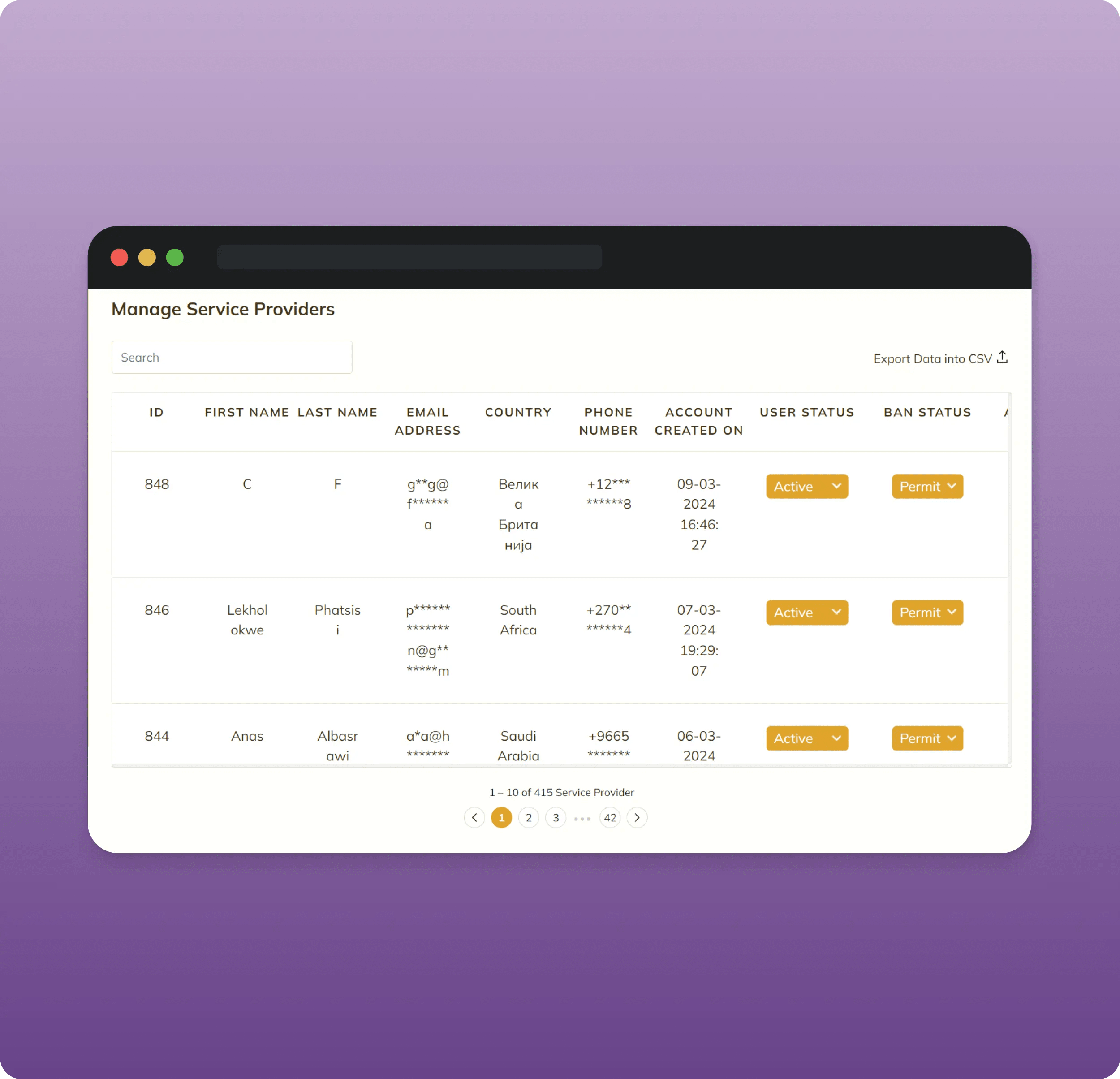 Manage service provider
